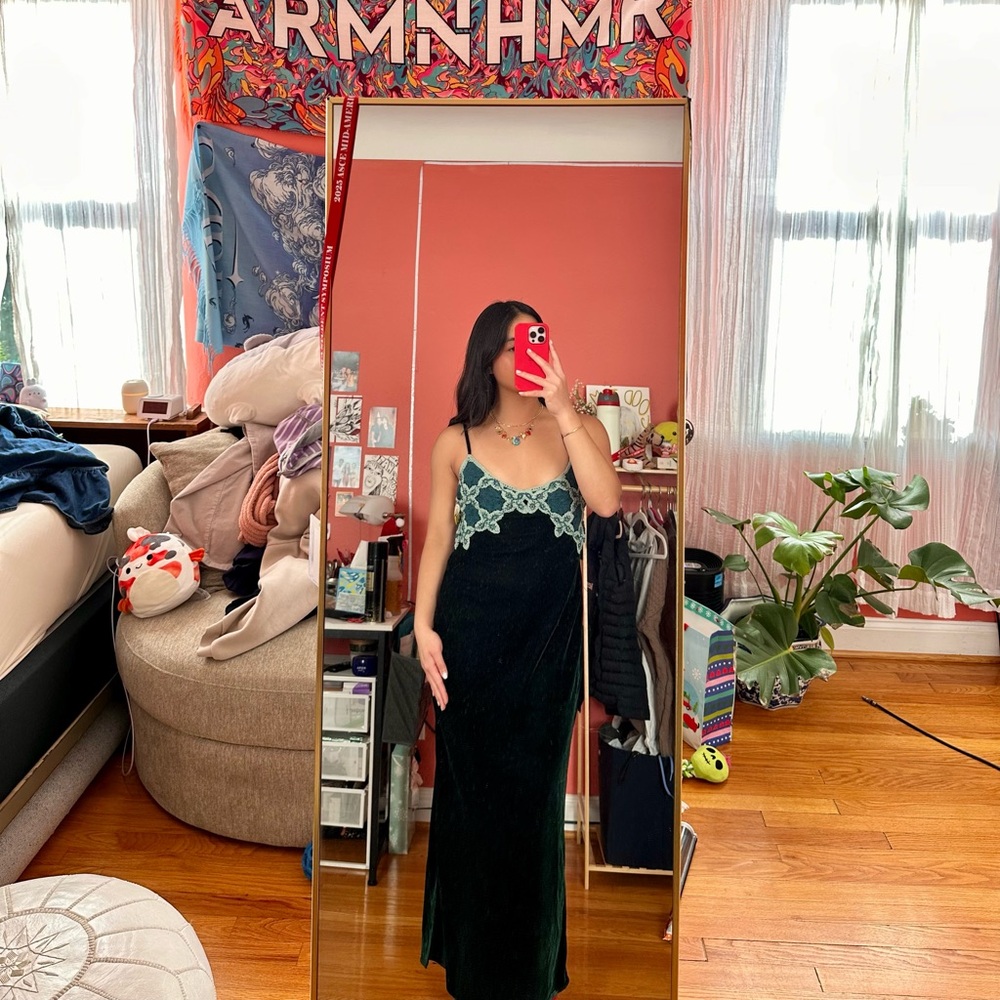 NWOT Green Zara Crochet Top Velvet Midi Dress